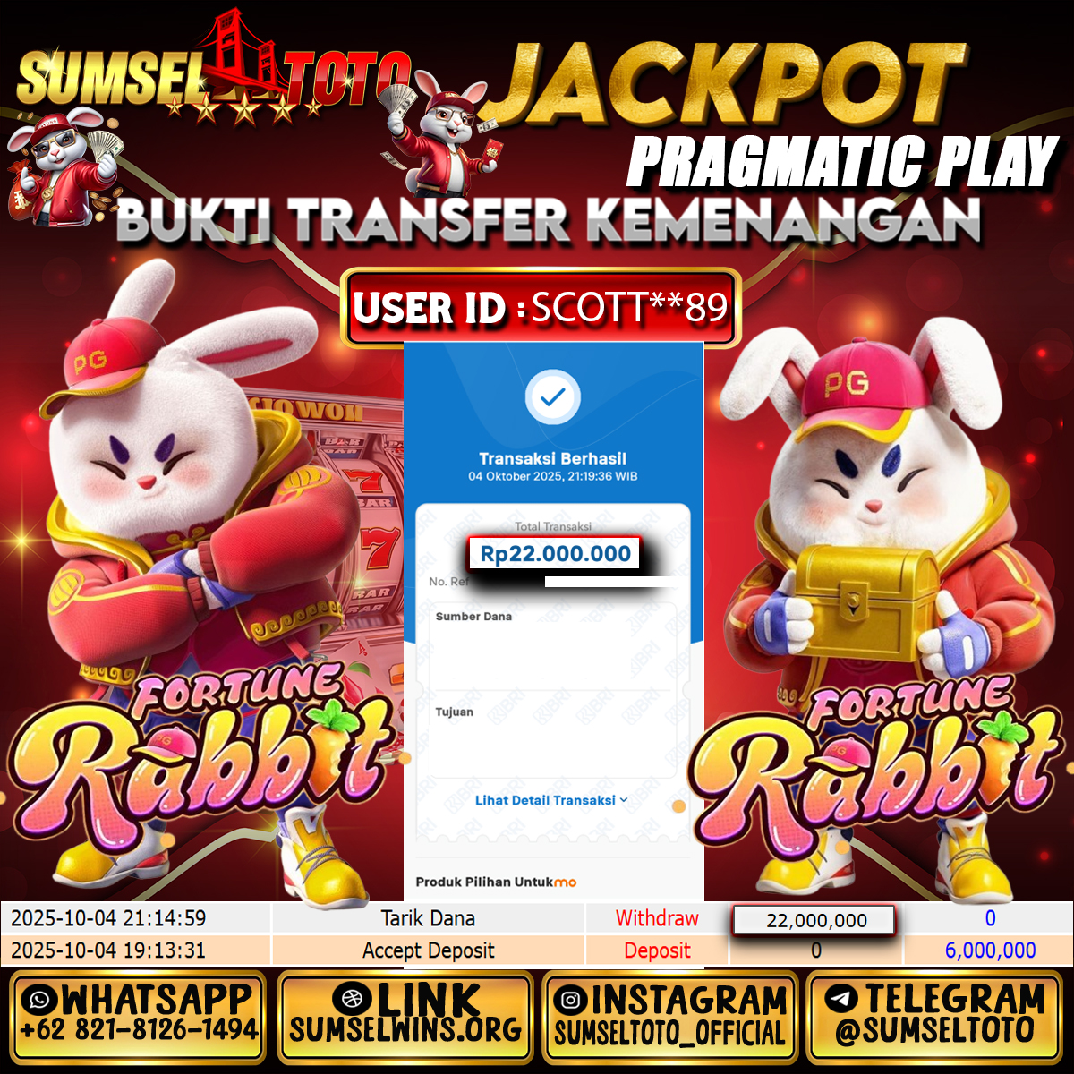 SUMSELTOTO JACKPOT FORTUNE RABBIT Rp.22.000.000.,- LUNAS